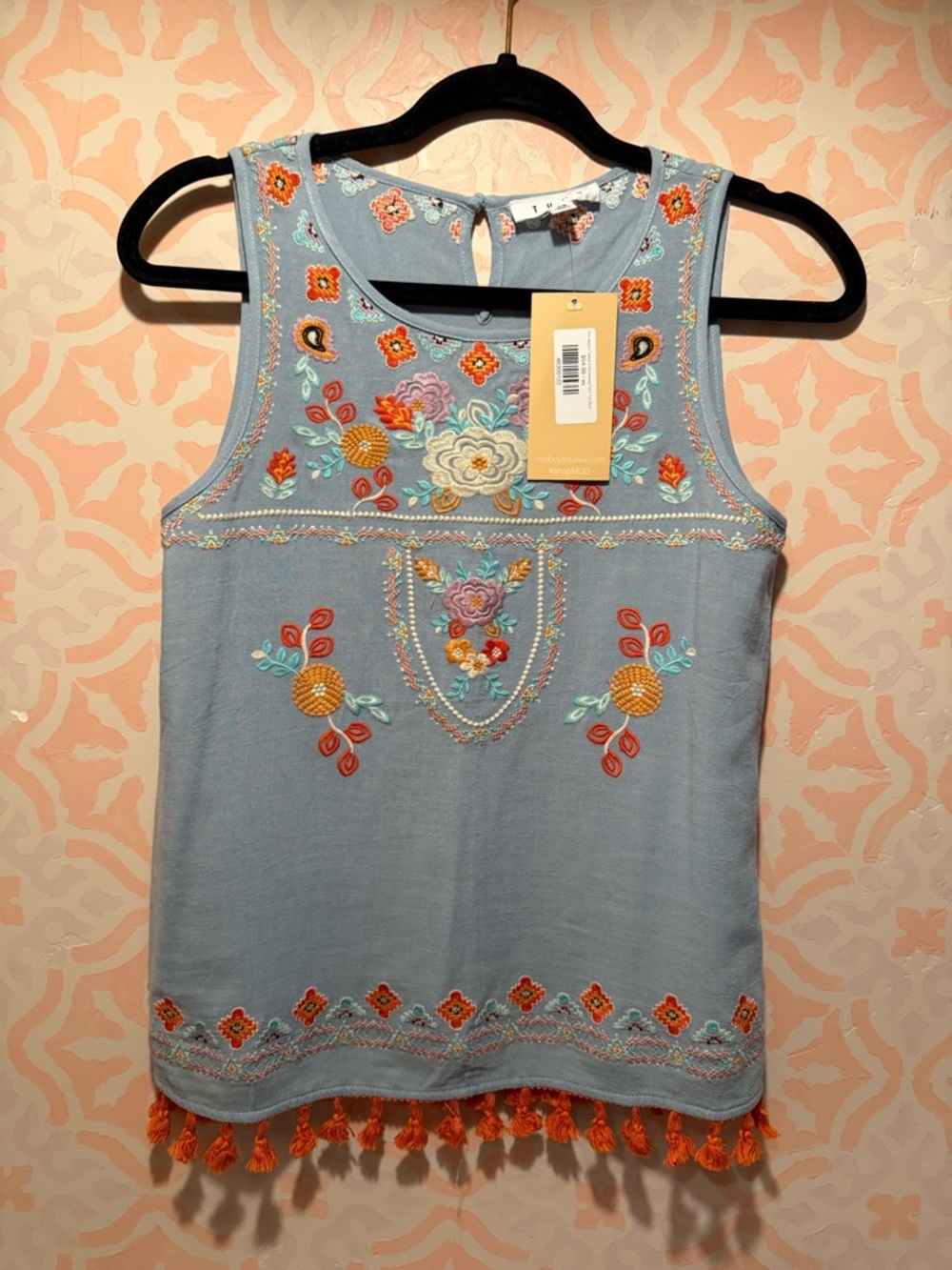 Embroidered Sleeveless Tank Top in Light Blue with Orange Tassels- Boho Top
